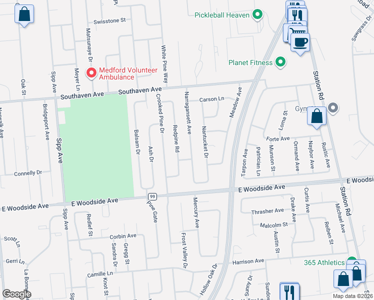 map of restaurants, bars, coffee shops, grocery stores, and more near 35 Narragansett Avenue in Medford