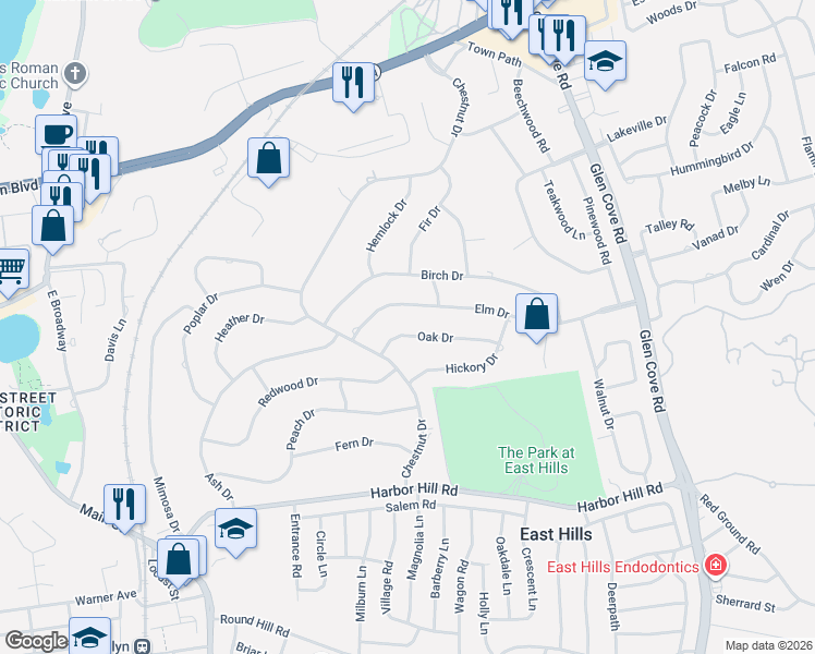 map of restaurants, bars, coffee shops, grocery stores, and more near 100 Oak Drive in Roslyn