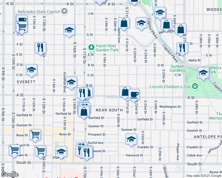 map of restaurants, bars, coffee shops, grocery stores, and more near 1933 B St in Lincoln