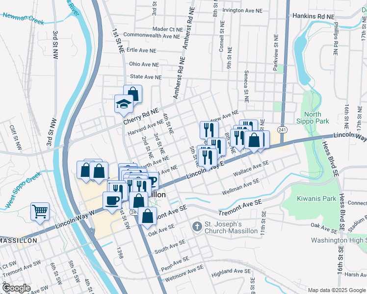 map of restaurants, bars, coffee shops, grocery stores, and more near 210 4th Street Northeast in Massillon