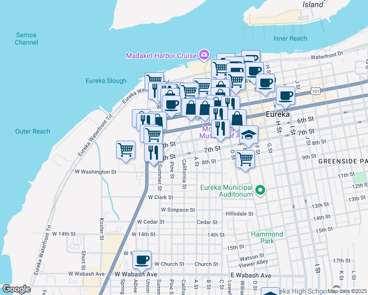 map of restaurants, bars, coffee shops, grocery stores, and more near 619 California Street in Eureka