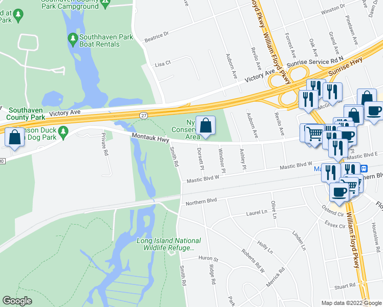 map of restaurants, bars, coffee shops, grocery stores, and more near 550 Montauk Highway in Shirley