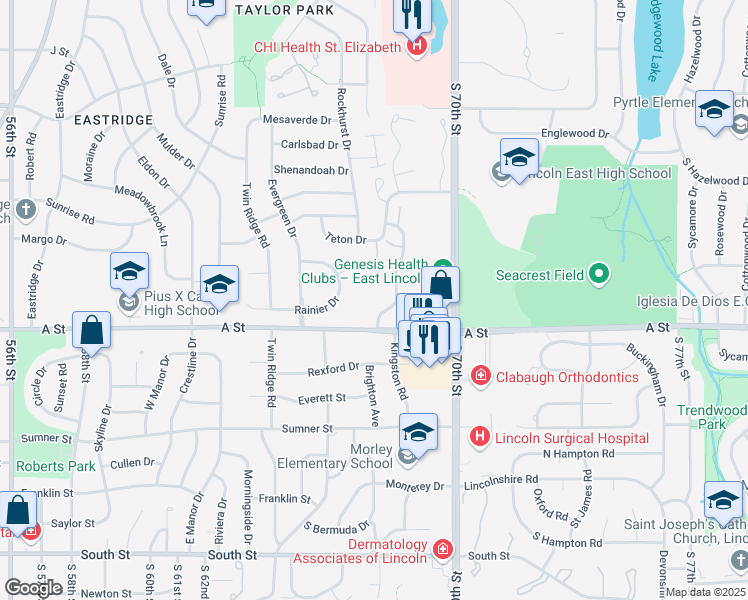map of restaurants, bars, coffee shops, grocery stores, and more near 6800 A Street in Lincoln