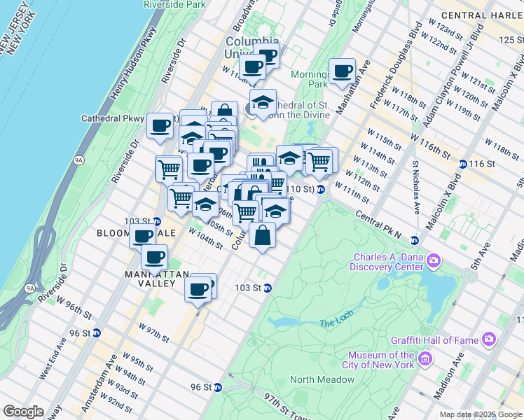 map of restaurants, bars, coffee shops, grocery stores, and more near 71 West 107th Street in New York