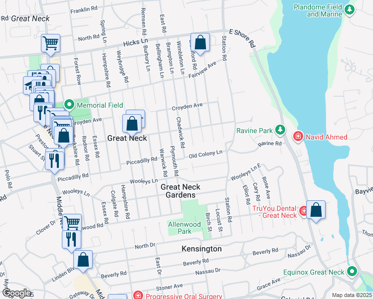 map of restaurants, bars, coffee shops, grocery stores, and more near 5 Chadwick Road in Great Neck