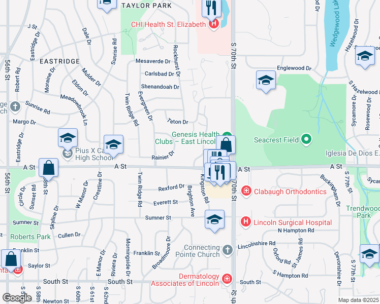 map of restaurants, bars, coffee shops, grocery stores, and more near 6800 A Street in Lincoln