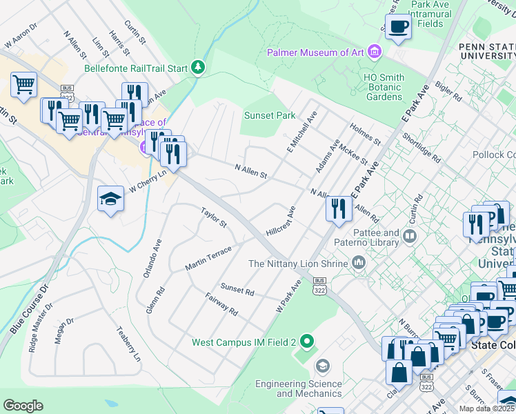 map of restaurants, bars, coffee shops, grocery stores, and more near 255 Woodland Drive in State College