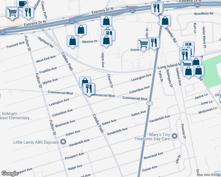 map of restaurants, bars, coffee shops, grocery stores, and more near 74 Lexington Avenue in Central Islip