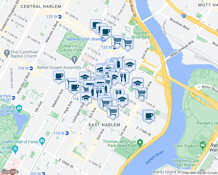map of restaurants, bars, coffee shops, grocery stores, and more near 2193 3rd Avenue in New York