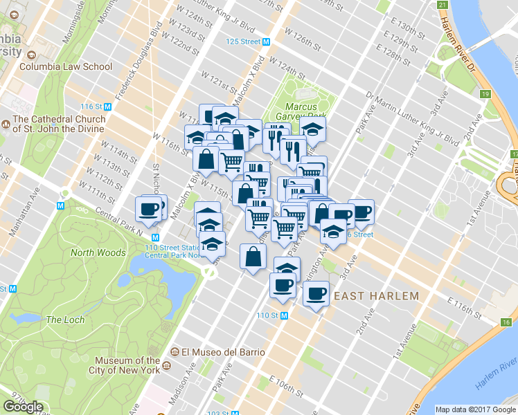 map of restaurants, bars, coffee shops, grocery stores, and more near in New York