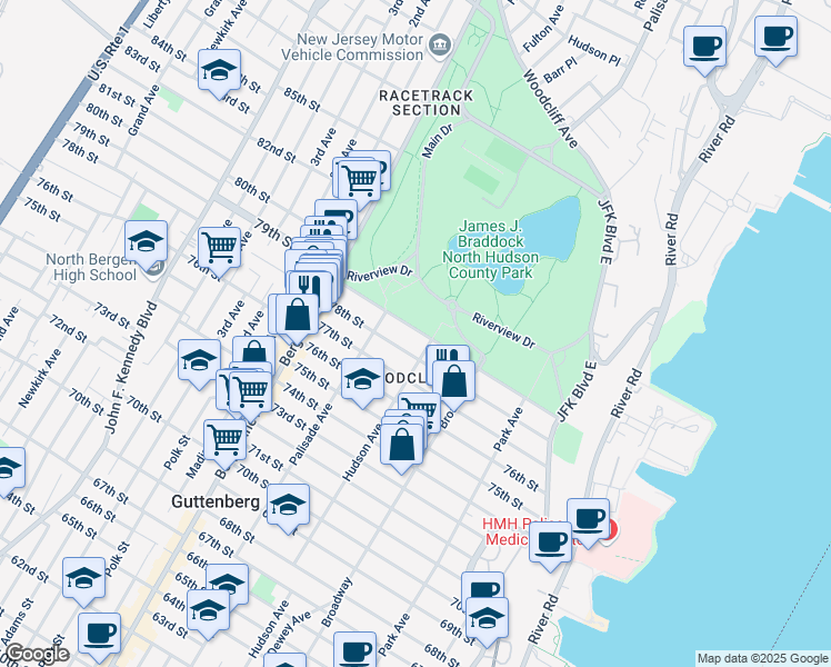 map of restaurants, bars, coffee shops, grocery stores, and more near 325 79th Street in North Bergen