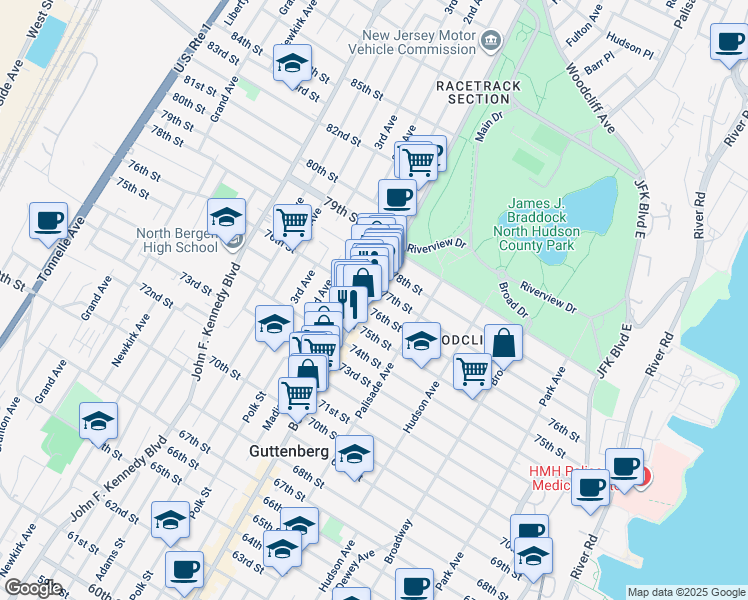 map of restaurants, bars, coffee shops, grocery stores, and more near 427 77th Street in North Bergen
