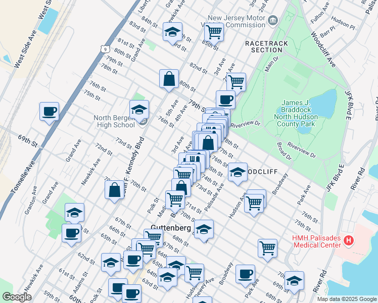 map of restaurants, bars, coffee shops, grocery stores, and more near 7504 2nd Avenue in North Bergen