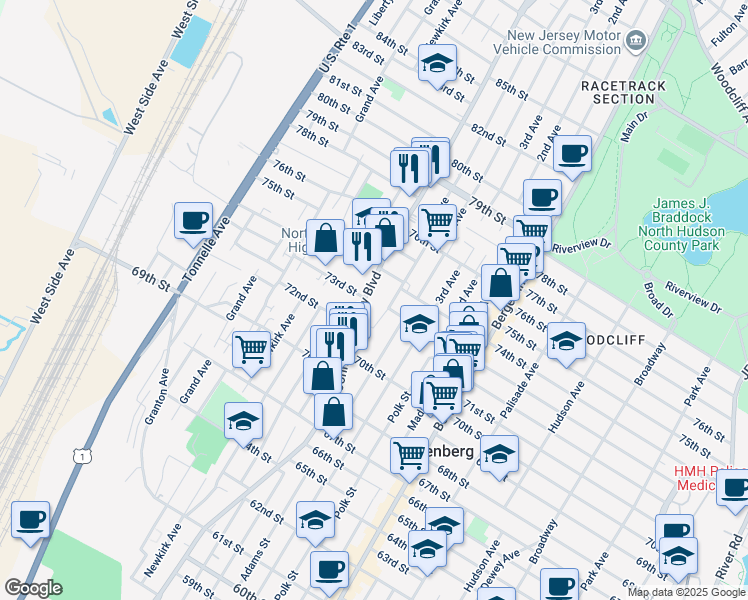 map of restaurants, bars, coffee shops, grocery stores, and more near 7231 John F. Kennedy Boulevard in North Bergen