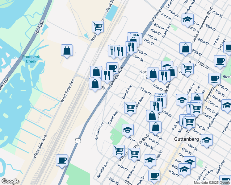 map of restaurants, bars, coffee shops, grocery stores, and more near 7015 Columbia Avenue in North Bergen