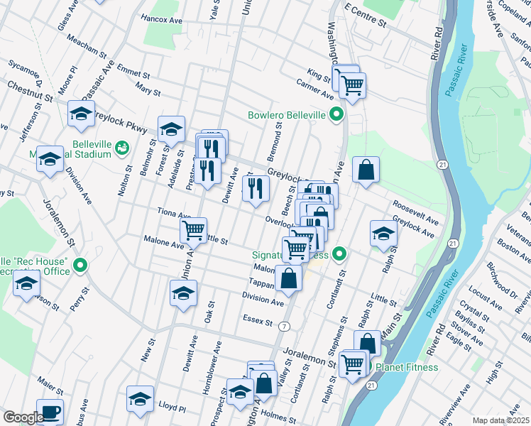 map of restaurants, bars, coffee shops, grocery stores, and more near 78 Overlook Avenue in Belleville