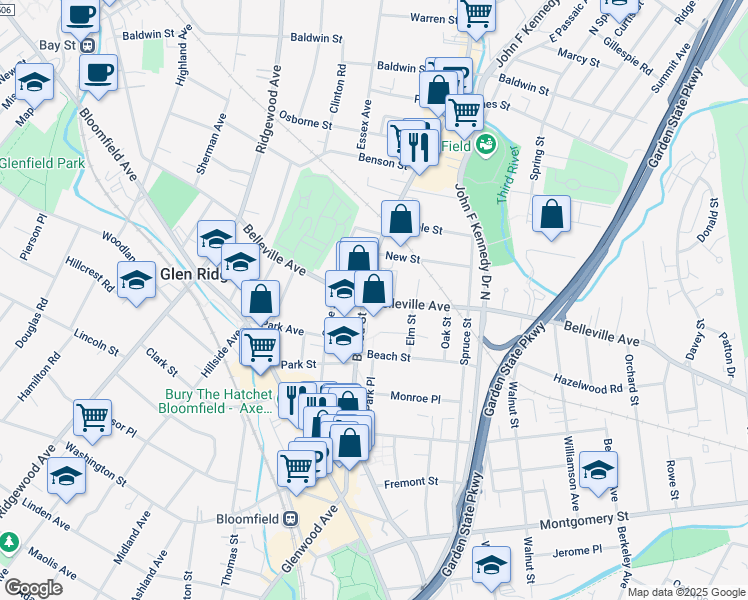map of restaurants, bars, coffee shops, grocery stores, and more near 337 Belleville Avenue in Bloomfield