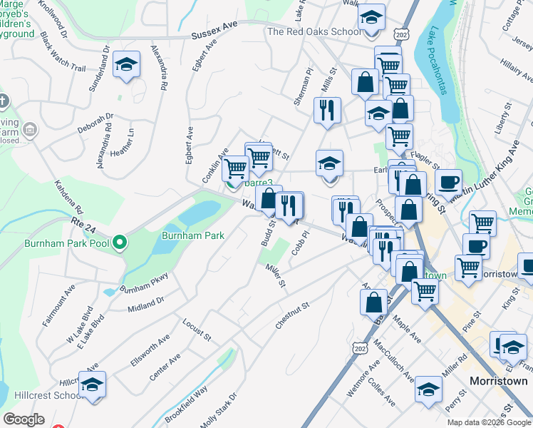 map of restaurants, bars, coffee shops, grocery stores, and more near 145 Washington Street in Morristown