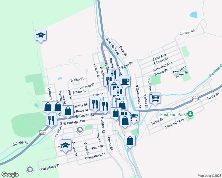 map of restaurants, bars, coffee shops, grocery stores, and more near 215 Washington Street in Tamaqua