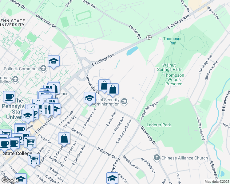 map of restaurants, bars, coffee shops, grocery stores, and more near in State College
