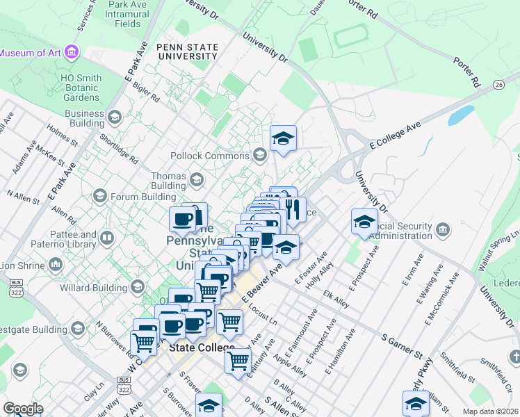 map of restaurants, bars, coffee shops, grocery stores, and more near Mc Kean Road in State College