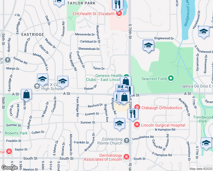 map of restaurants, bars, coffee shops, grocery stores, and more near 6800 A Street in Lincoln