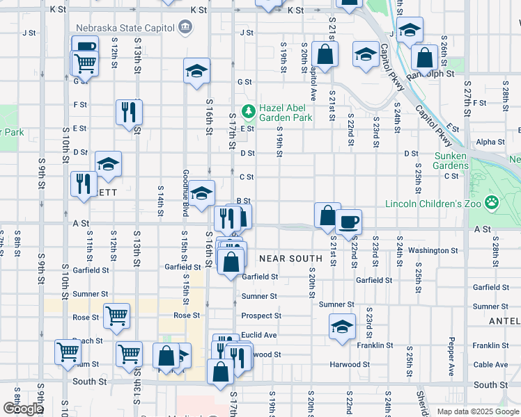 map of restaurants, bars, coffee shops, grocery stores, and more near 1827 B Street in Lincoln
