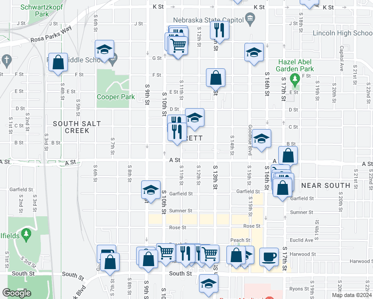 map of restaurants, bars, coffee shops, grocery stores, and more near 1119 B Street in Lincoln