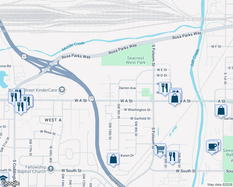 map of restaurants, bars, coffee shops, grocery stores, and more near 1250 Trimble Street in Lincoln