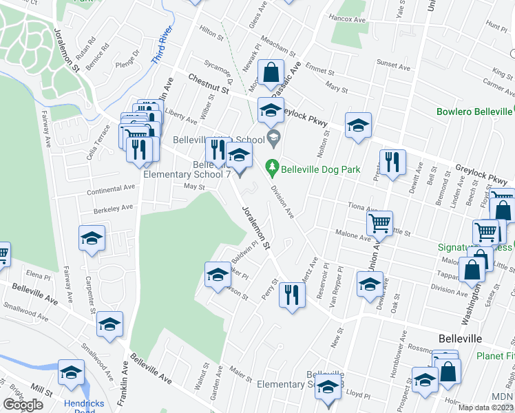 map of restaurants, bars, coffee shops, grocery stores, and more near 476 Joralemon Street in Belleville