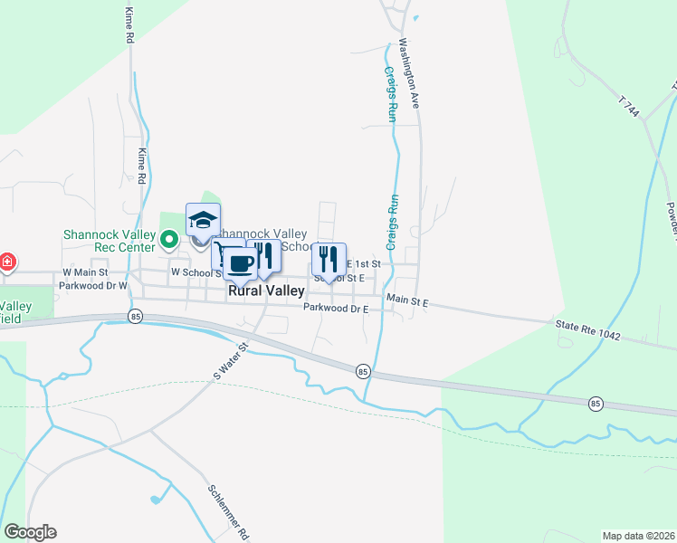 map of restaurants, bars, coffee shops, grocery stores, and more near 916 E 1st St in Rural Valley