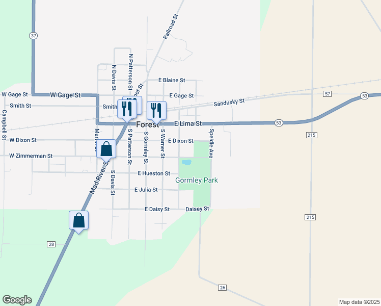 map of restaurants, bars, coffee shops, grocery stores, and more near 408 East Zimmerman Street in Forest