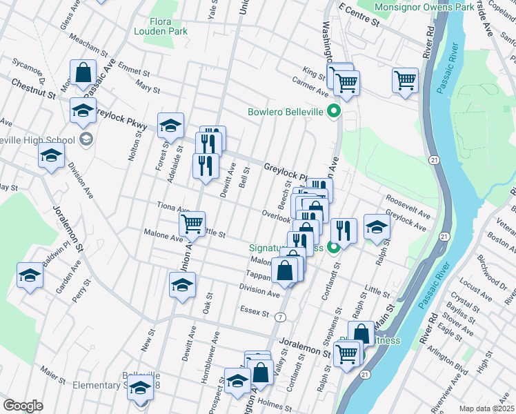 map of restaurants, bars, coffee shops, grocery stores, and more near 78 Overlook Avenue in Belleville