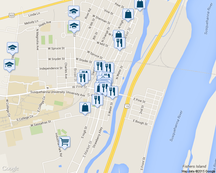 map of restaurants, bars, coffee shops, grocery stores, and more near 21 North Market Street in Selinsgrove