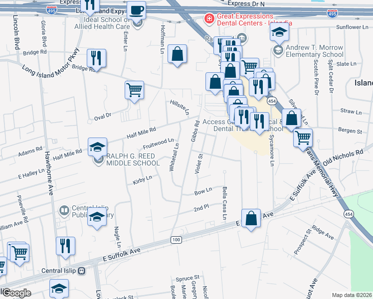map of restaurants, bars, coffee shops, grocery stores, and more near 211 Whitetail Lane in Central Islip