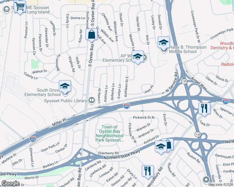 map of restaurants, bars, coffee shops, grocery stores, and more near 11 Evelyn Lane in Syosset