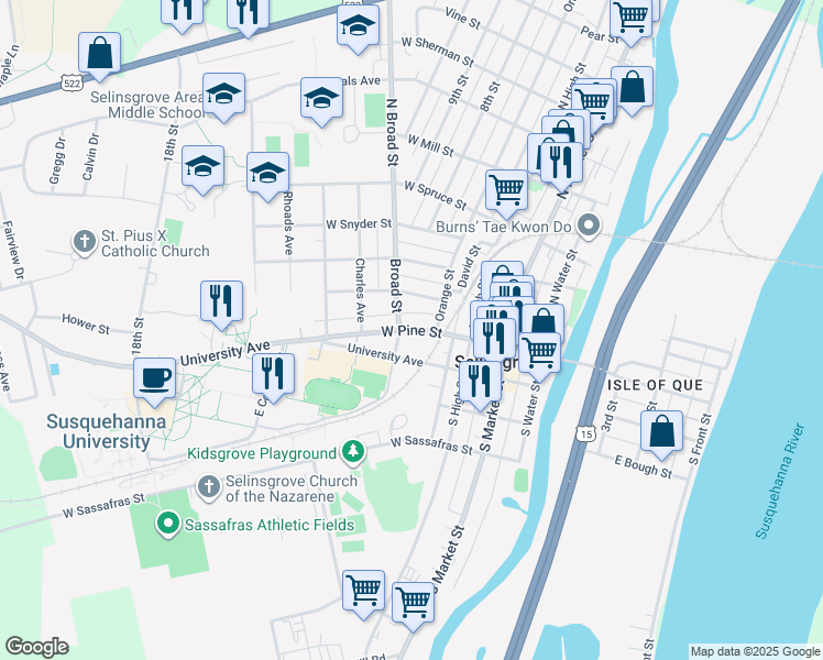 map of restaurants, bars, coffee shops, grocery stores, and more near West Pine Street in Selinsgrove