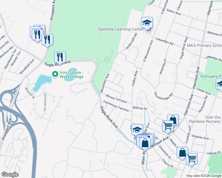 map of restaurants, bars, coffee shops, grocery stores, and more near 35 Woodside Terrace in West Orange