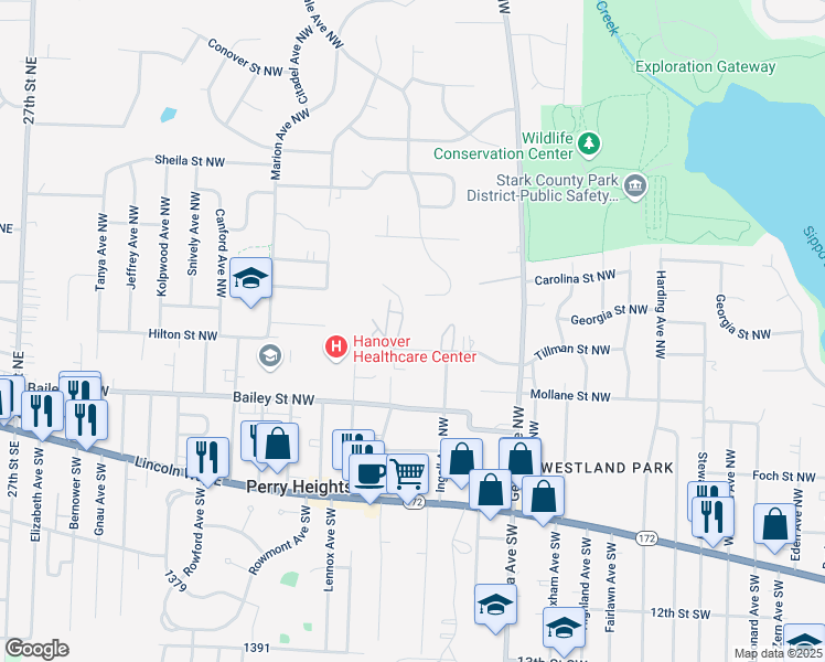 map of restaurants, bars, coffee shops, grocery stores, and more near 3410 Hilton Street Northwest in Massillon