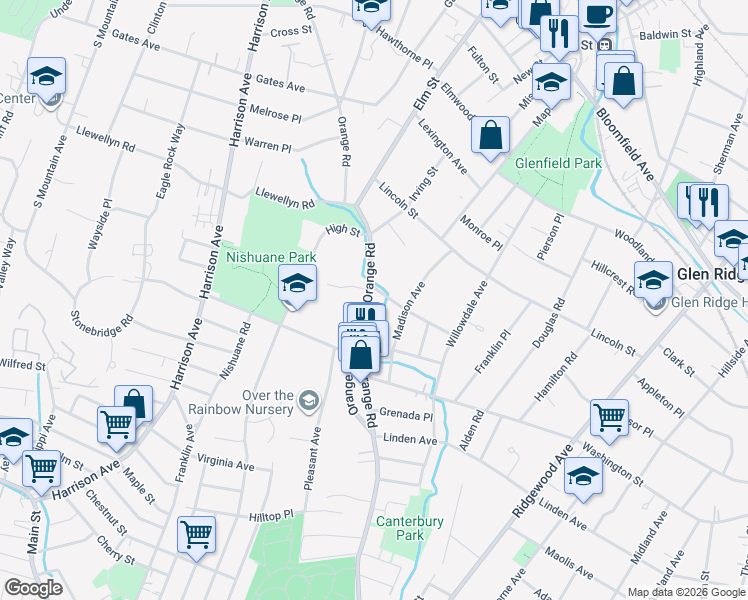 map of restaurants, bars, coffee shops, grocery stores, and more near 281 Orange Road in Montclair