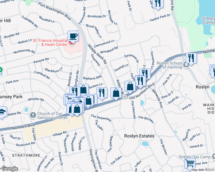 map of restaurants, bars, coffee shops, grocery stores, and more near 37 Knollwood Road in Roslyn
