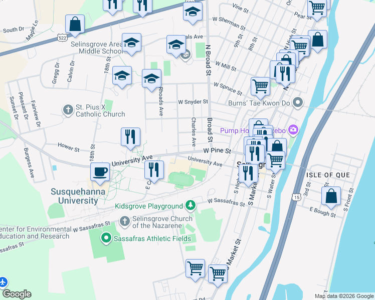 map of restaurants, bars, coffee shops, grocery stores, and more near 12 Charles Avenue in Selinsgrove