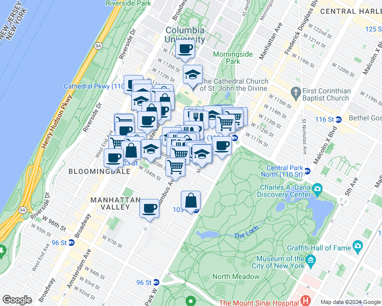 map of restaurants, bars, coffee shops, grocery stores, and more near 965 Columbus Avenue in New York