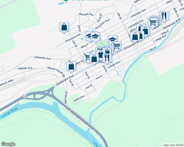 map of restaurants, bars, coffee shops, grocery stores, and more near 219-1/2 Lehigh Avenue in Palmerton