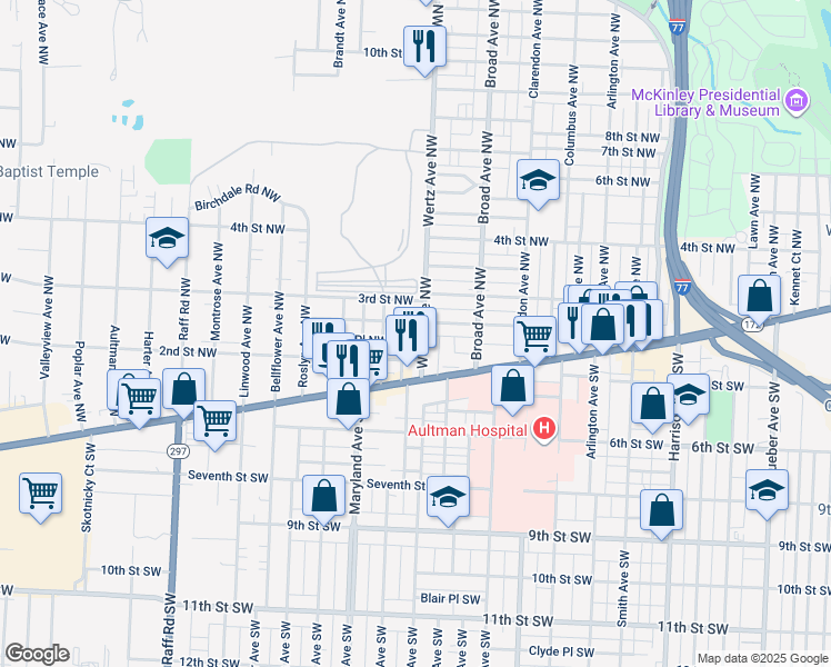 map of restaurants, bars, coffee shops, grocery stores, and more near 195 Wertz Avenue Northwest in Canton