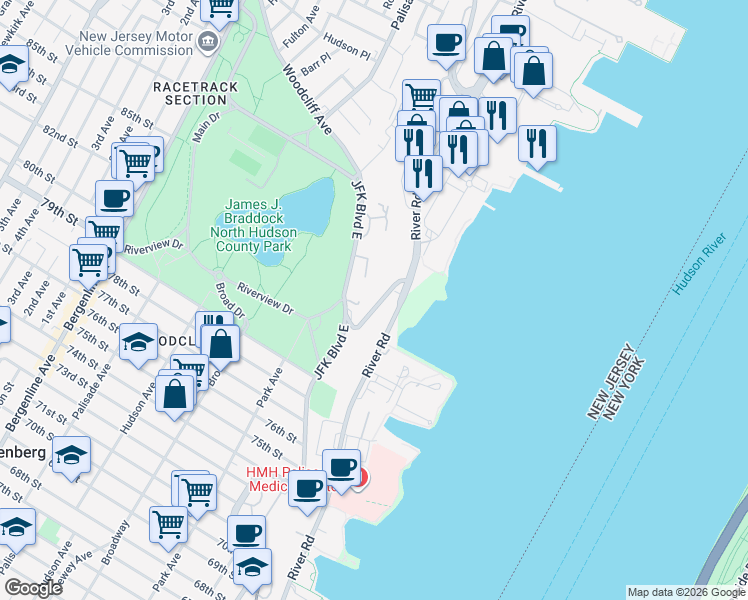 map of restaurants, bars, coffee shops, grocery stores, and more near 8401 River Road in North Bergen