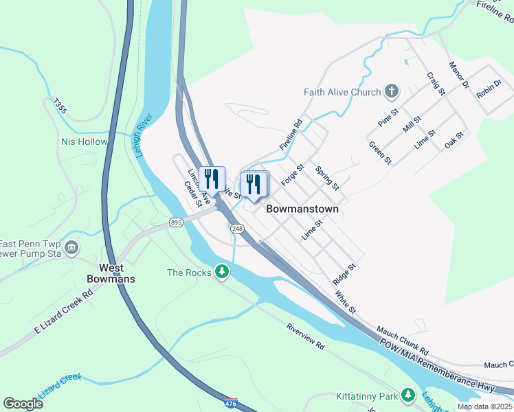 map of restaurants, bars, coffee shops, grocery stores, and more near 600 White Street in Bowmanstown
