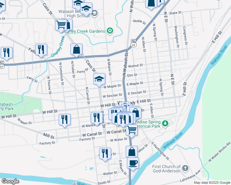 map of restaurants, bars, coffee shops, grocery stores, and more near 82 West Sinclair Street in Wabash