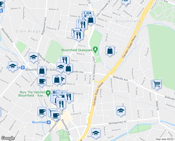 map of restaurants, bars, coffee shops, grocery stores, and more near 279 Belleville Avenue in Bloomfield