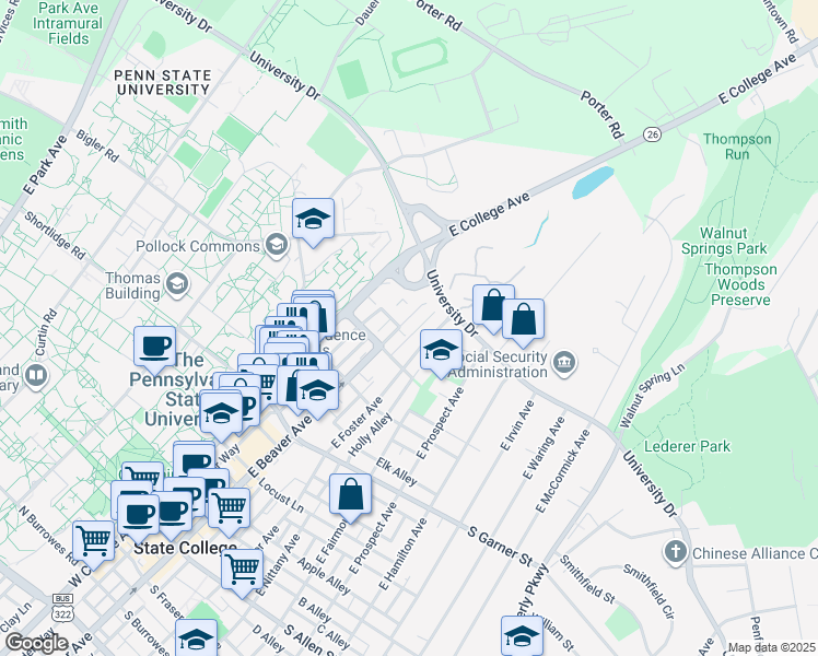 map of restaurants, bars, coffee shops, grocery stores, and more near 700 East Beaver Avenue in State College